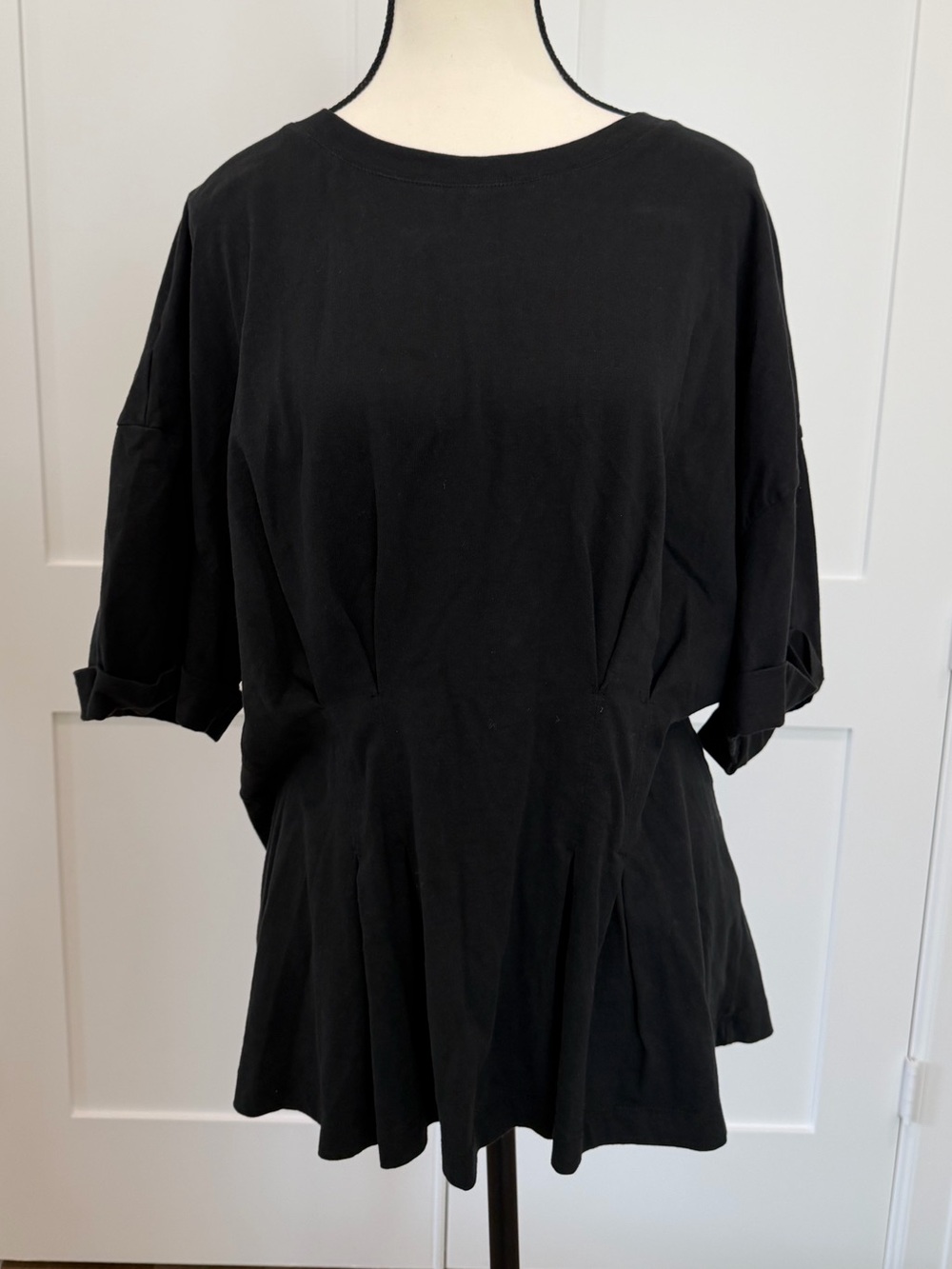 Anthropologie Women’s XL Black Pintuck Cinched Waist Short Sleeve Top